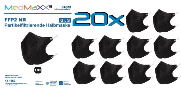 20x MedMaXX FFP2 NR Atemschutzmaske Größe S, auch für Kinder geeignet, schwarz