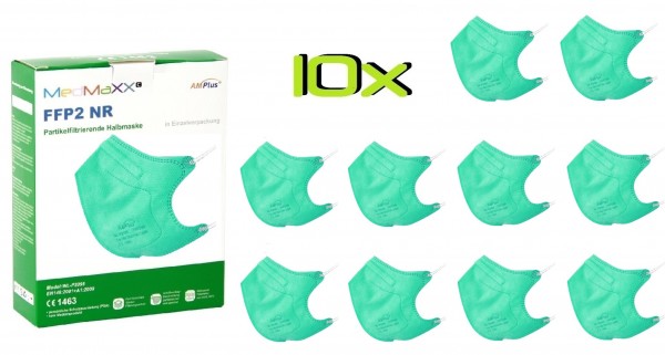 10x MedMaXX FFP2 NR Atemschutzmaske Größe S, auch für Kinder geeignet, grün