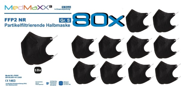 80x MedMaXX FFP2 NR Atemschutzmaske Größe S, auch für Kinder geeignet, schwarz