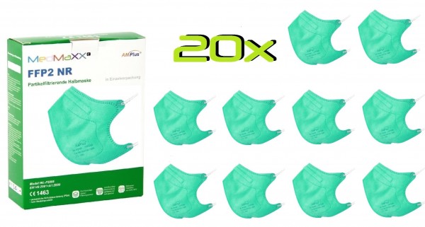 20x MedMaXX FFP2 NR Atemschutzmaske Größe S, auch für Kinder geeignet, grün