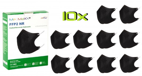 10x MedMaXX FFP2 NR Atemschutzmaske Größe S, auch für Kinder geeignet, schwarz